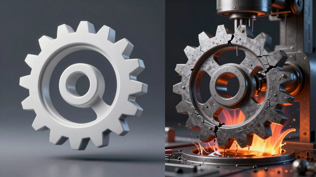 Разделённое изображение: идеальная модель слева, разрушающаяся шестерня под нагрузкой справа.