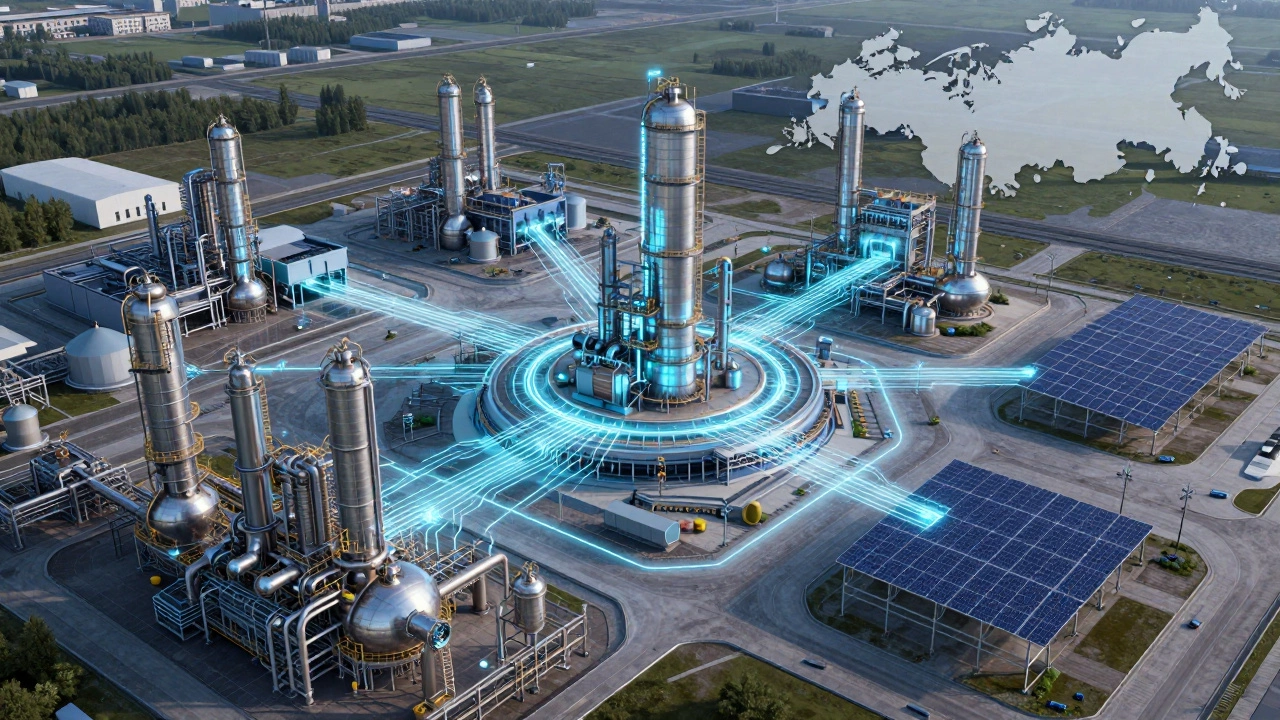 Схема взаимосвязанных промышленных объектов России с цифровыми потоками данных между заводами.