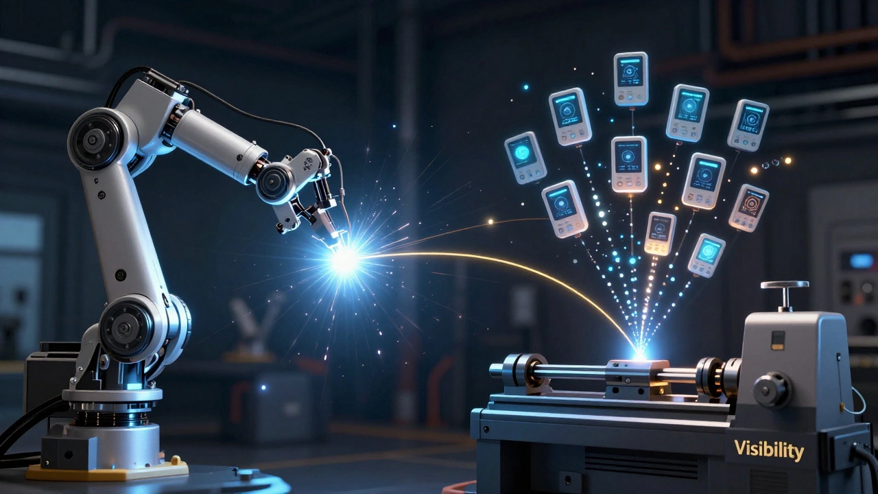 Слева — робот в фиксированной программе, справа — датчики и предсказательные данные, соединённые золотой нитью.