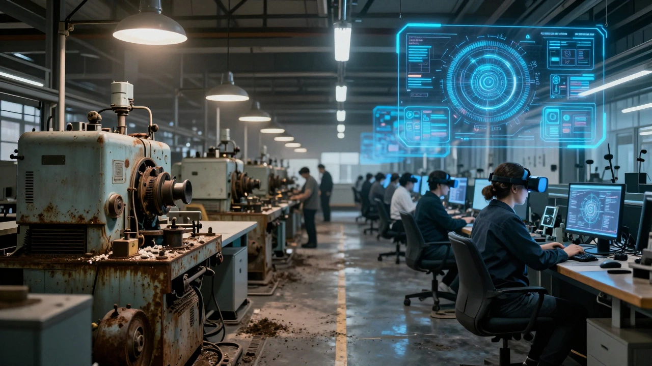 Сравнение старого и модернизированного оборудования: слева — ржавые станки, справа — с цифровыми проекциями.