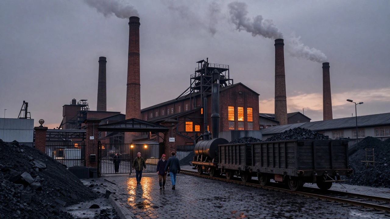 Текстильная фабрика в сумерках: дымные трубы, рабочие, угольные вагонетки и паровые машины.