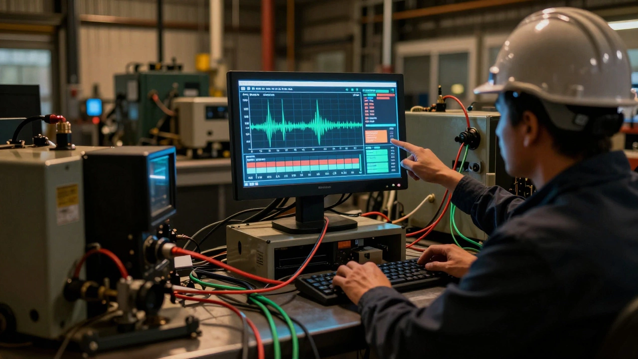 В цеху с старыми станками — экран с аналитикой, оператор указывает на предупреждение.