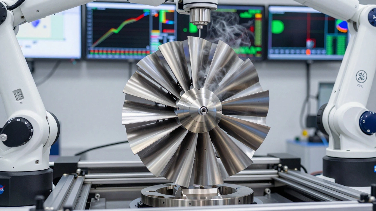 3D-напечатанная турбинная лопатка из титана, только что вынутая из принтера, с анализом данных на экранах.