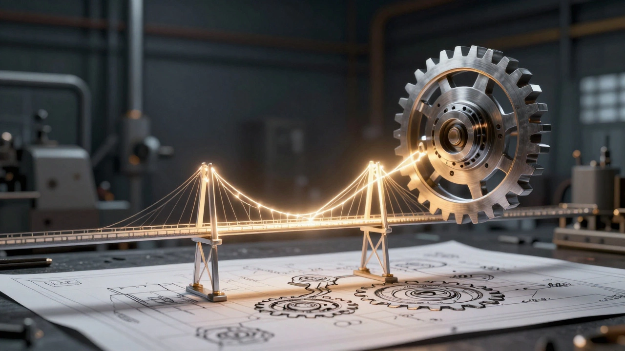 Цифровая модель механической детали соединяется с бумажным чертежом светящимися линиями.