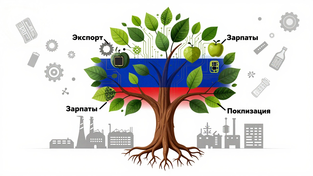 Дерево с корнями-заводами, ветви несут плоды: экспорт, зарплаты, инновации — символ устойчивой экономики.