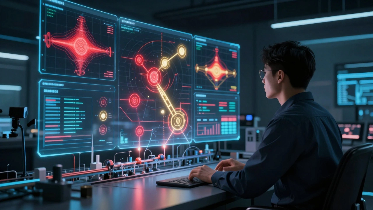 Инженер анализирует цифрового двойника производственной линии с голографическими данными.