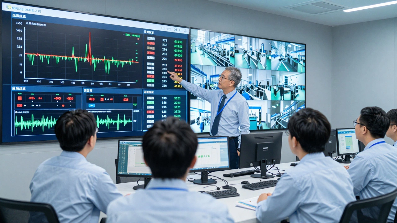 Инженеры анализируют данные качества на большом цифровом дашборде в контроллерной комнате завода.