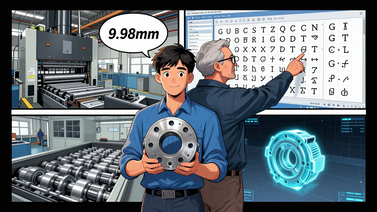 Молодой инженер получает совет от опытного коллеги, рядом — цифровая и физическая версии детали.