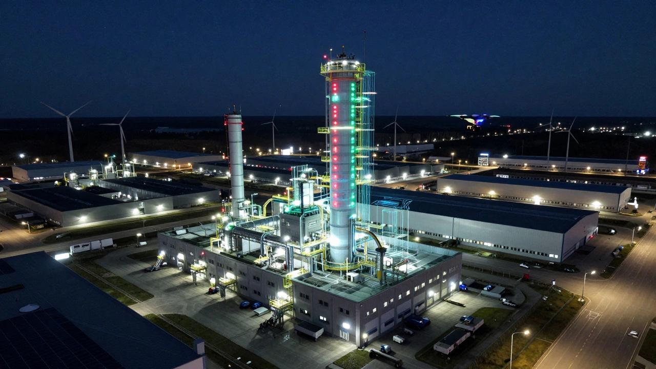 Ночной вид промышленного комплекса с цифровыми двойниками, умным освещением и дроном, летящим к складу.