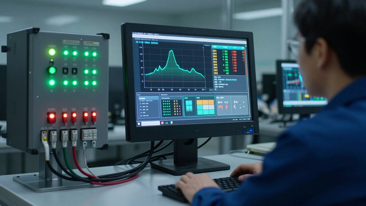 ПЛК и экран HMI в цехе с отображением данных производства.