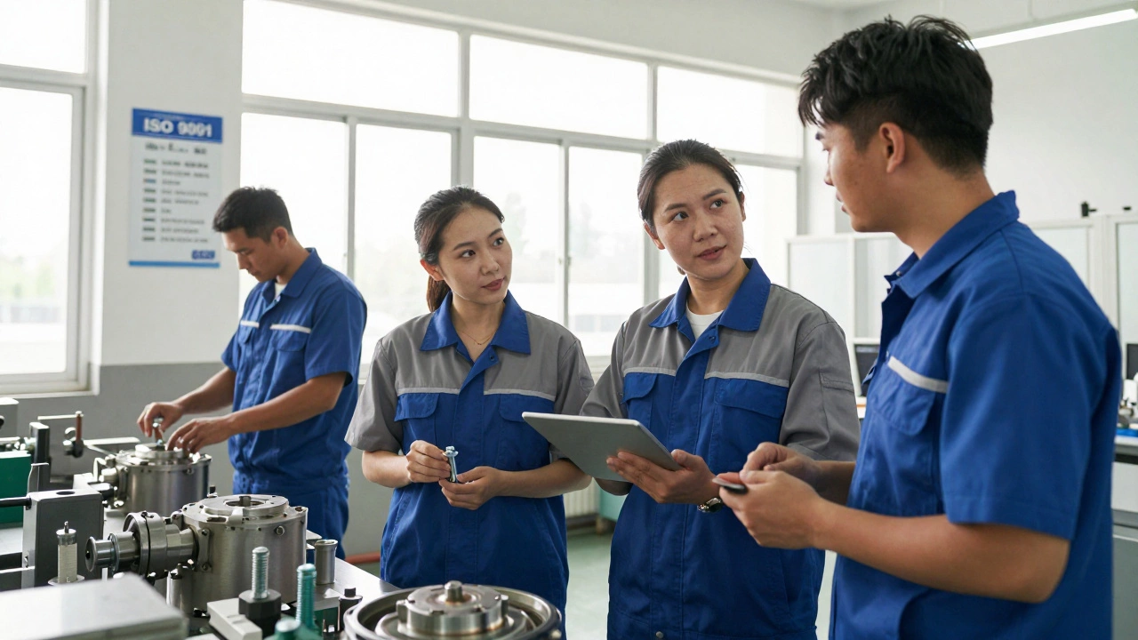 Рабочие на производстве совместно контролируют качество деталей в атмосфере ответственности.