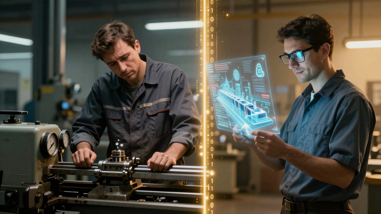 Рабочий превращается в инженера: одна половина тела в старой форме у станка, другая — в смарт-очках с голографическими данными.