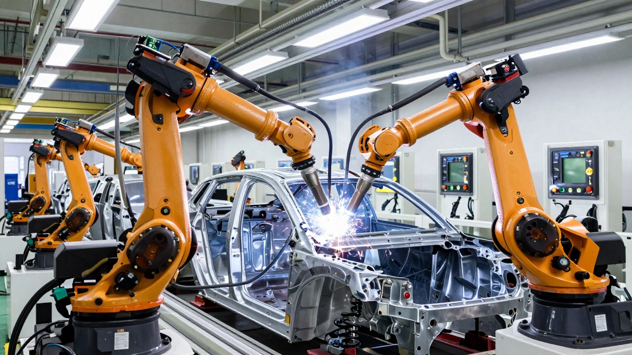 Робот-сварщик и клапаны на конвейере с кабелями связи.