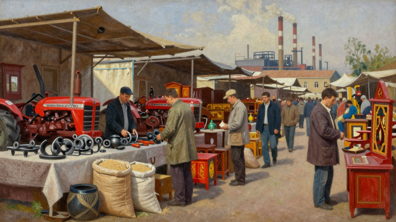 Рынок в Татарстане с изделиями местных мастеров: кованые детали, мебель и ткани под солнечными навесами.