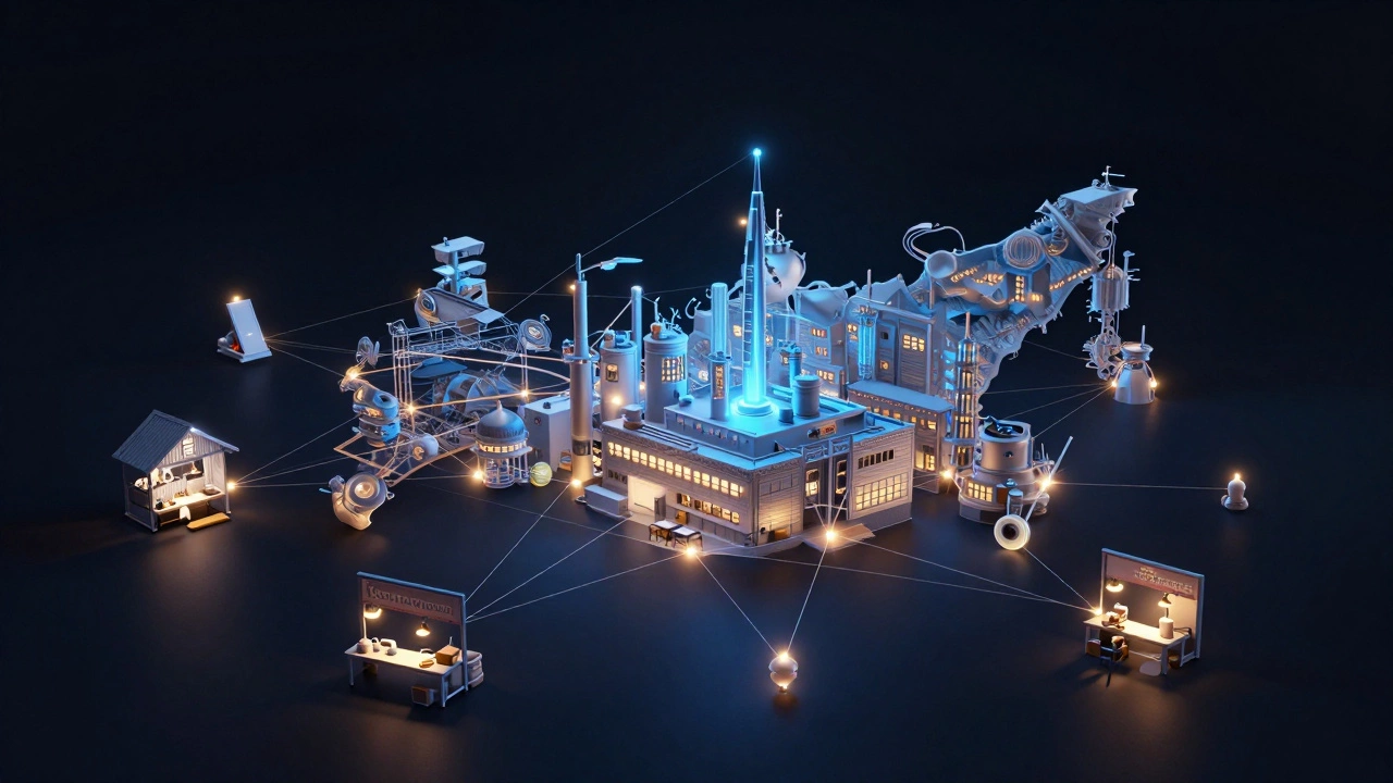 Сеть светящихся связей между малыми предприятиями России, поддерживающими крупный завод.