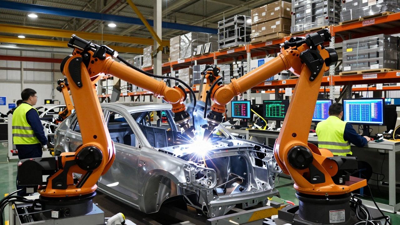 Современный цех с роботами-сварщиками и экранами с данными производства, все компоненты отечественные.