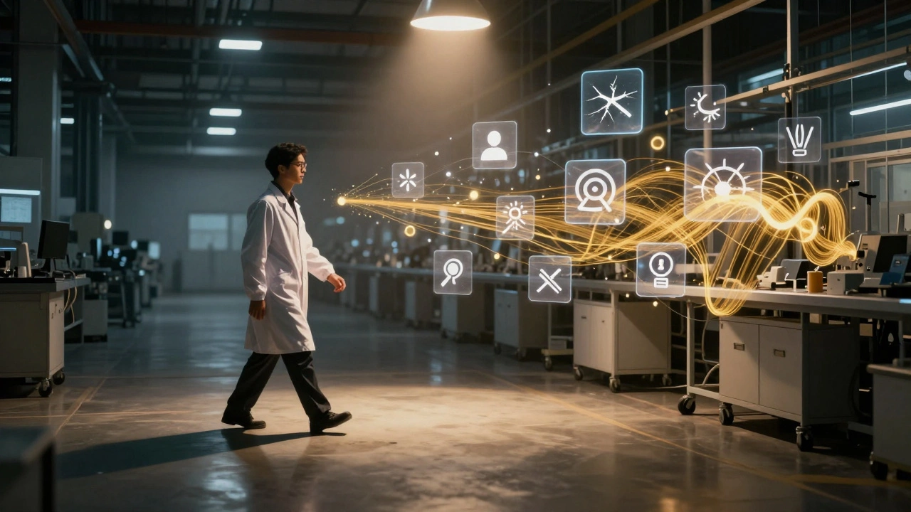 Специалист по качеству идет по цеху, его тень рассеивает символы дефектов, превращая их в процессы улучшения.