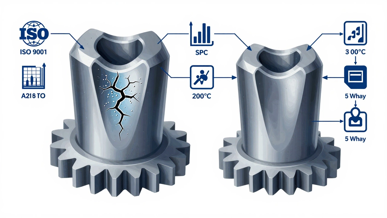 Сравнение микротрещин в шестерне из-за быстрого охлаждения и исправленного термического режима.
