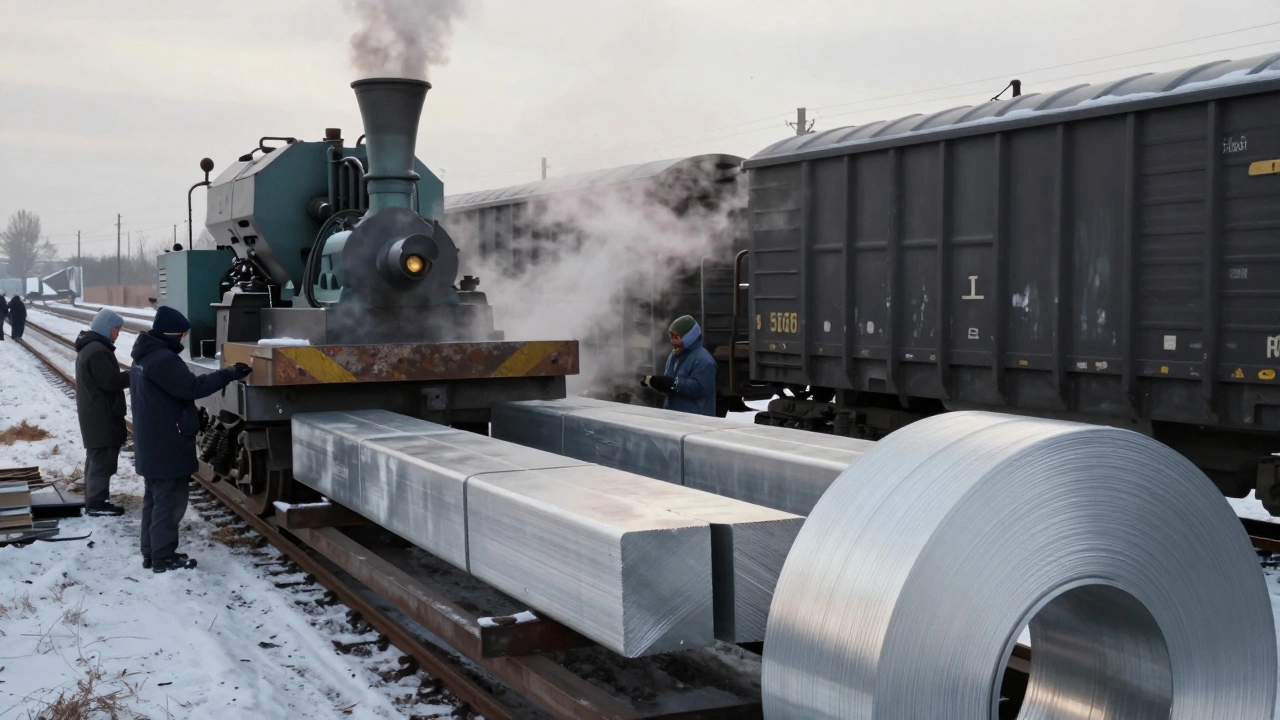 Стальные слитки и алюминиевые рулоны погружают на поезд в Магнитогорске, рабочие наблюдают за процессом.