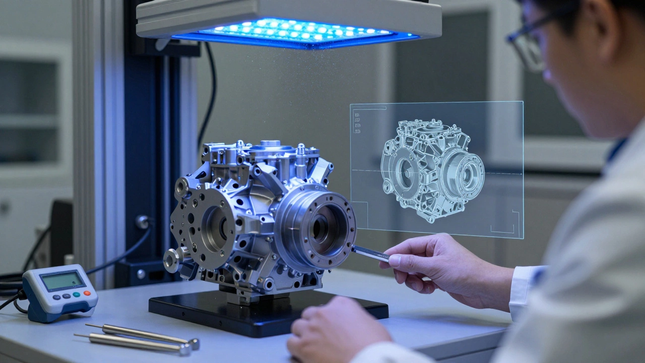 Техник проверяет 3D-напечатанную деталь двигателя с цифровой моделью рядом.