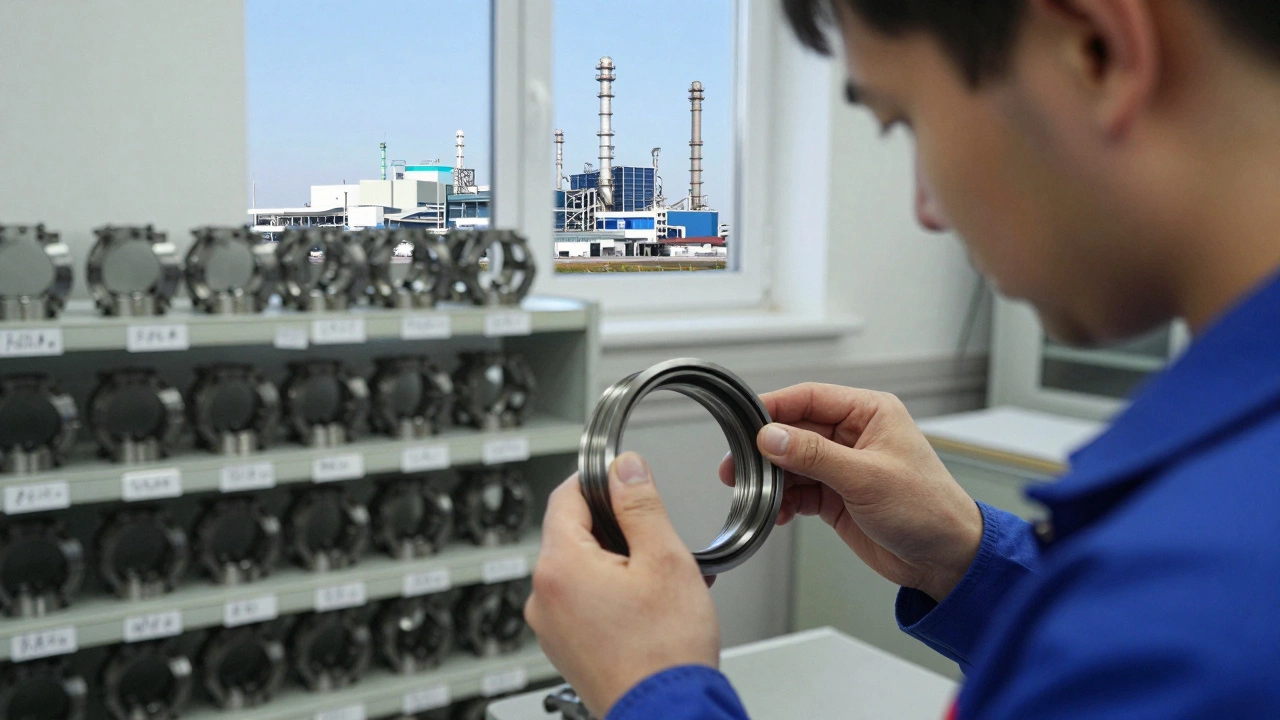 Техник в Калуге проверяет уплотнительное кольцо для турбины в небольшом цеху.