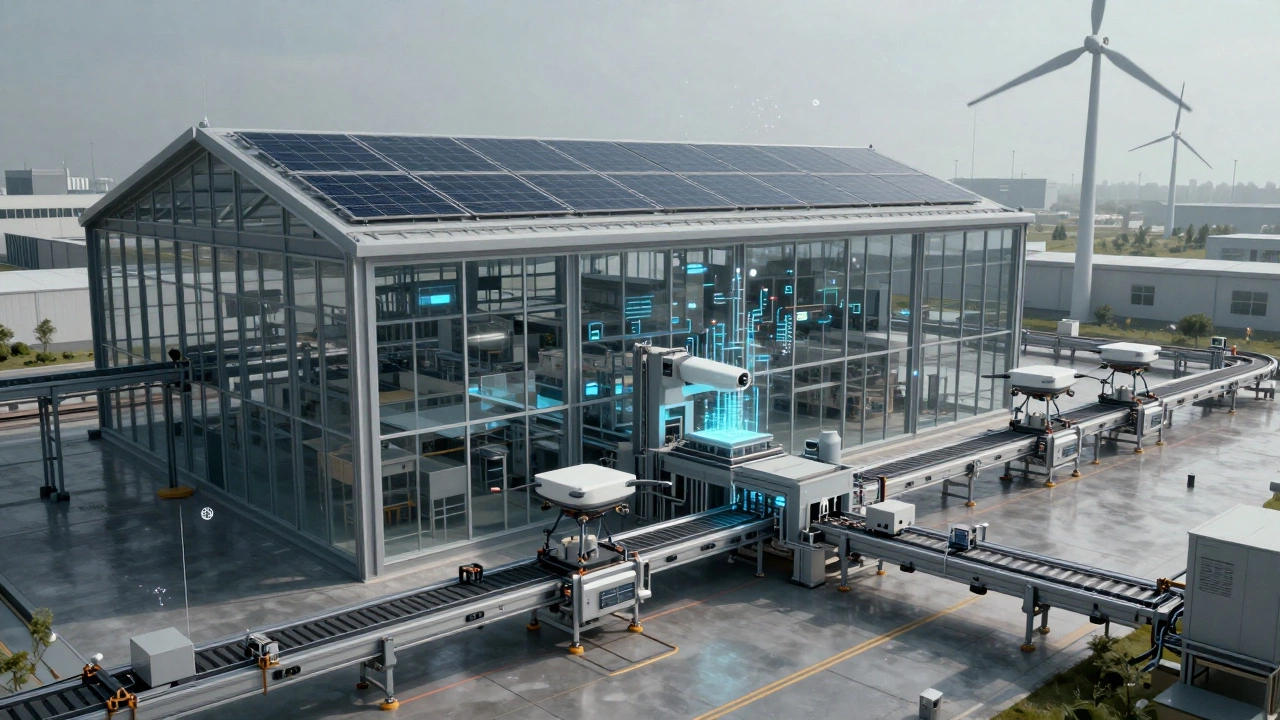 Автономная фабрика будущего без людей: дроны, умные конвейеры, солнечные панели, потоки данных в воздухе.