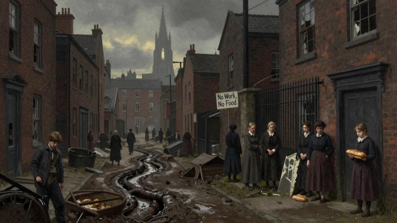 Бедный район Манчестера 1840-х: грязные дома, женщины у фабрики, ребёнок с хлебом.