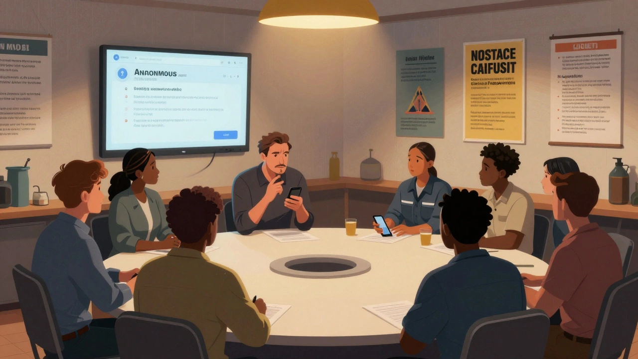 Группа работников на встрече, обсуждающая безопасность, один из них использует приложение для анонимных сообщений.