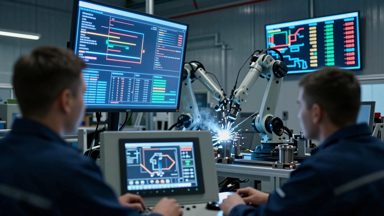 Инженеры наблюдают за цифровым панелью управления в умном заводе, вокруг — роботы и голограммы данных.
