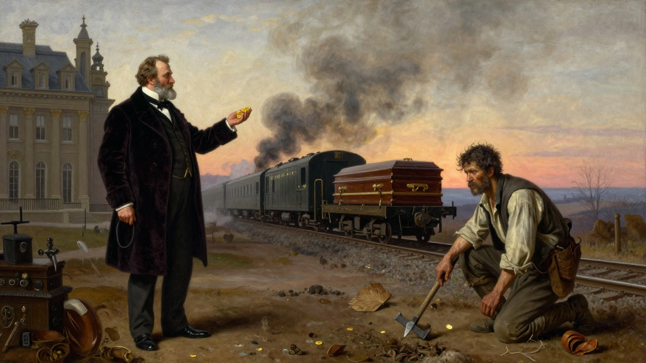 Контраст: богатый промышленник и истощённый рабочий, между ними — поезд с товарами и гробами.