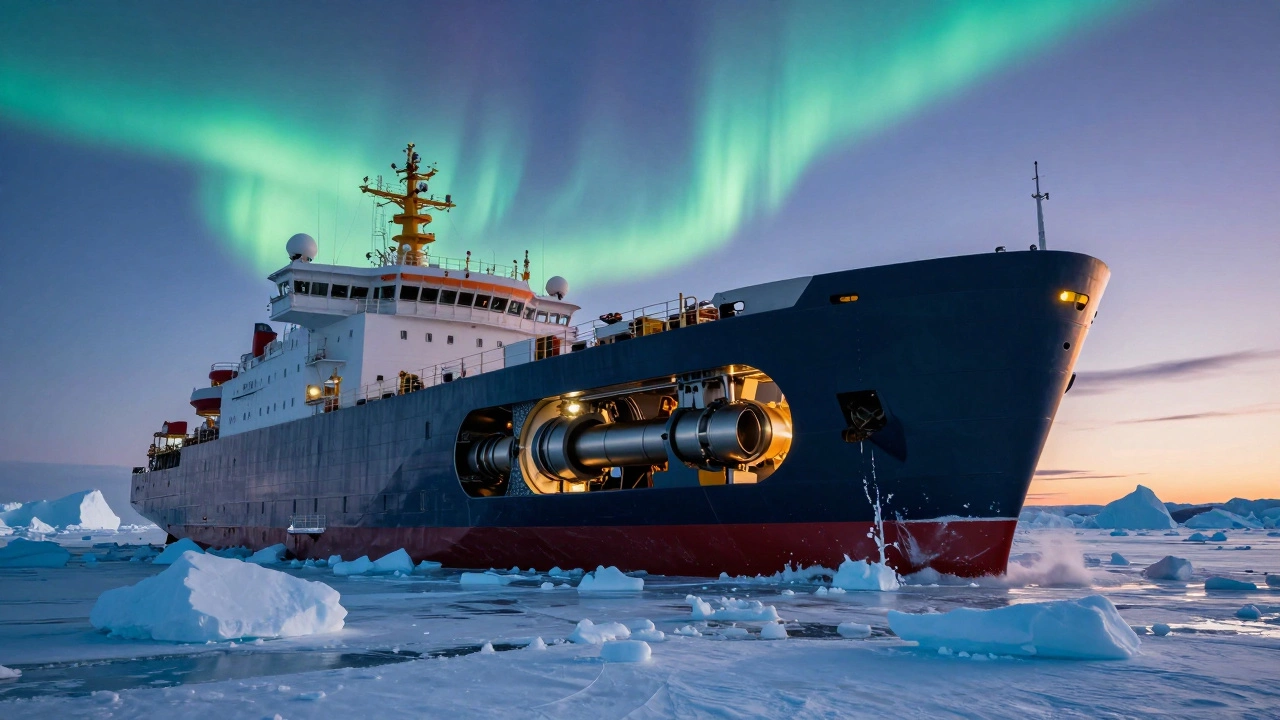Ледокол разрезает лед в Арктике, видны конструктивные элементы корпуса и движущие механизмы.