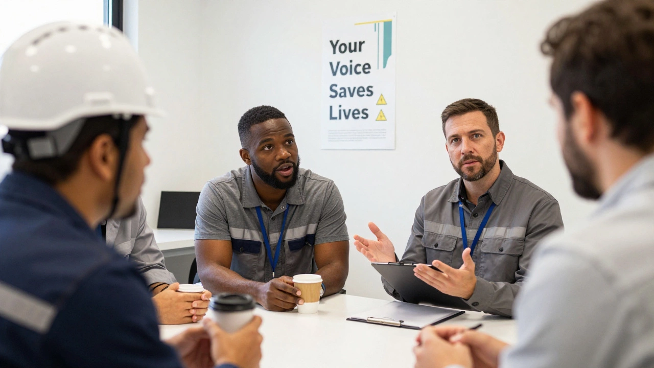 Рабочие и руководитель обсуждают безопасность в перерыве, на стене — плакат 'Ваш голос спасает жизни'.