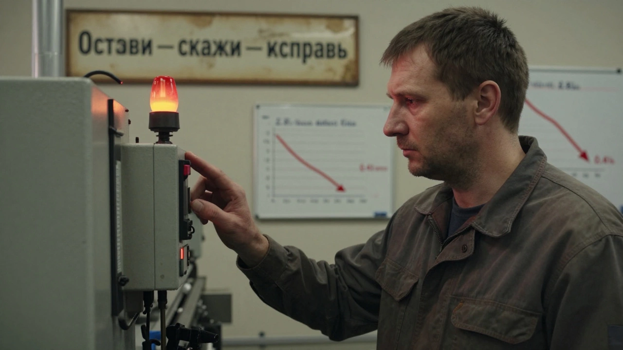 Рабочий останавливает линию, заметив ошибку, на фоне графика снижения брака