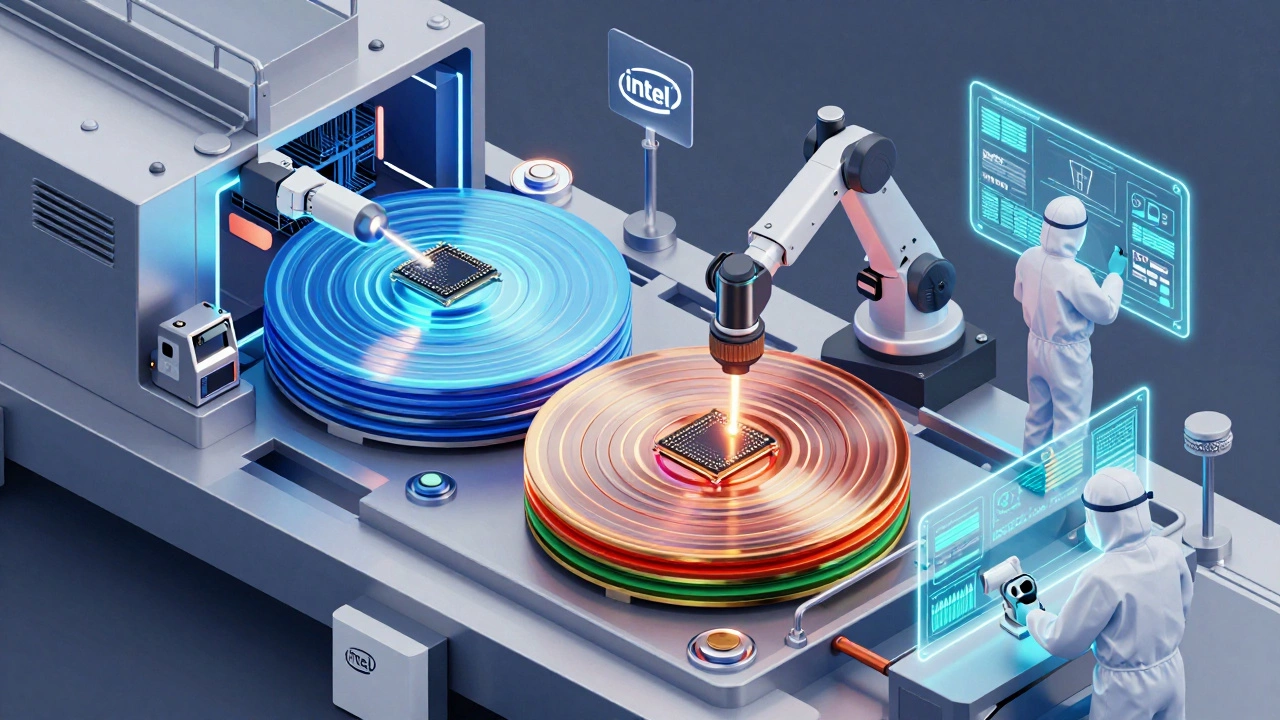 Разрез современного завода по производству чипов: роботы, чистые комнаты, голографические интерфейсы, логотипы Intel и TSMC.
