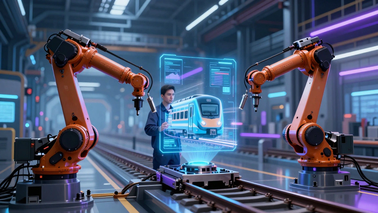 Роботы и голограммы в цифровом цехе, инженеры контролируют производство