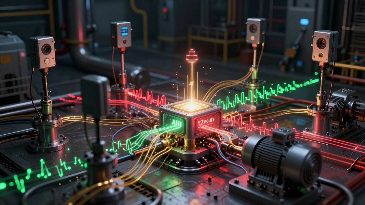 Сеть датчиков IoT, передающих данные в центральный ИИ для предсказания отказов.