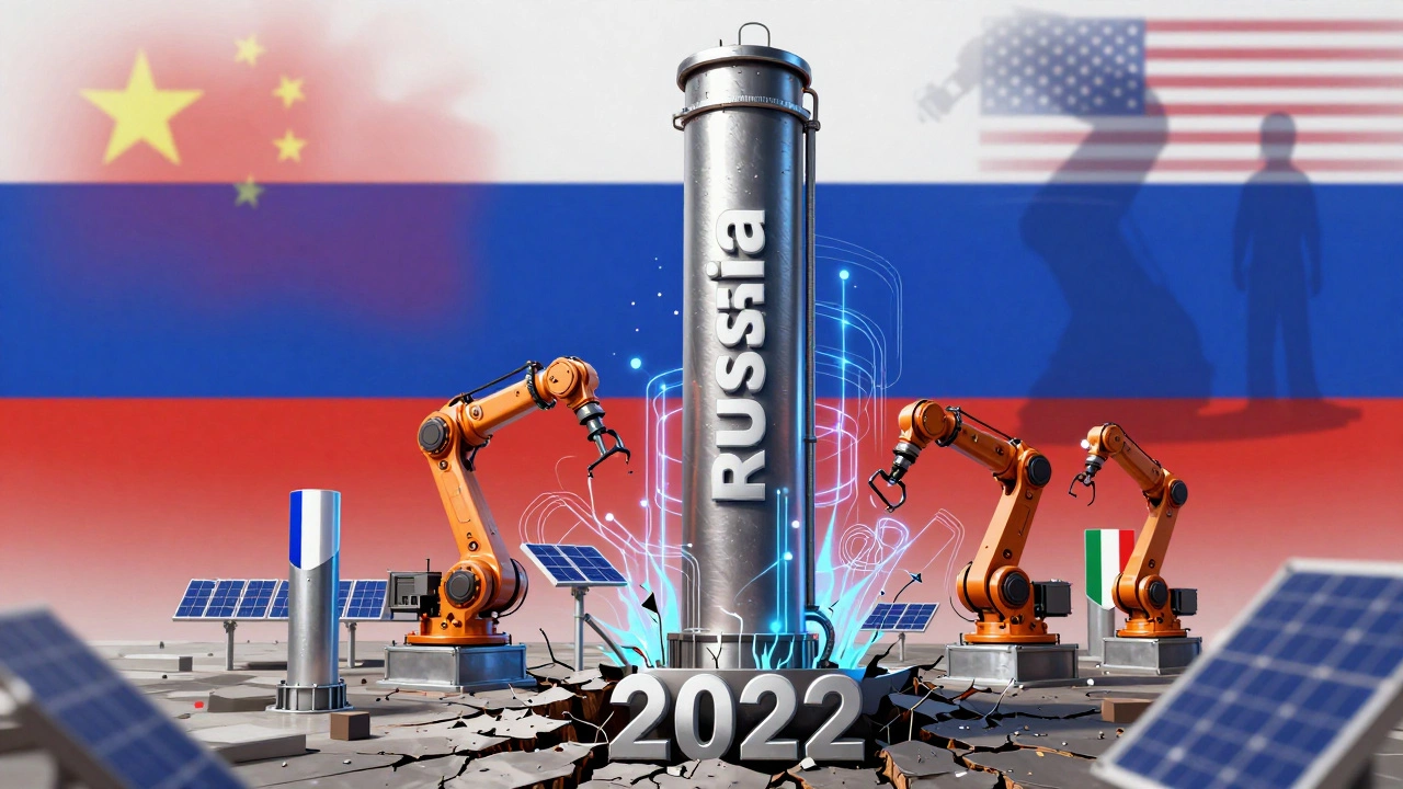 Стальная колонна России растёт, окружённая роботами и цифровыми сетями, на фоне промышленных держав мира.