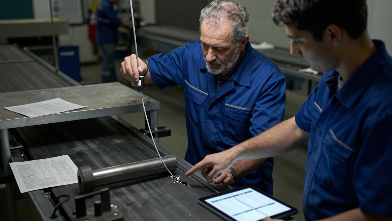 Техник останавливает конвейер, указывая на трещину, а устаревшие инструкции лежат в стороне, на фоне цифрового руководства.