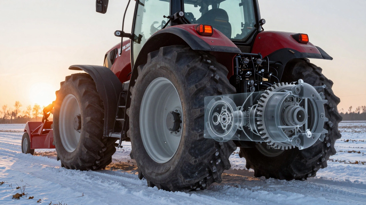 Трактор движется по снежному полю, а внутри его редуктора видны виртуальные элементы, созданные инженером.