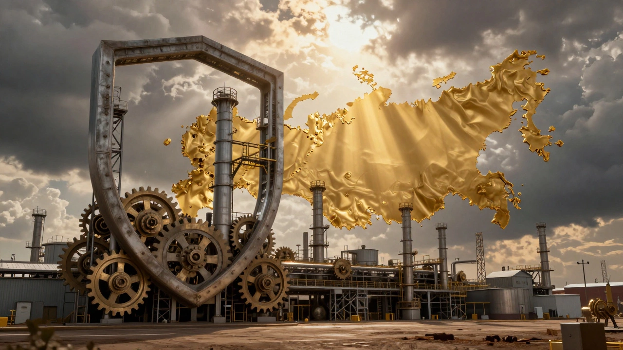 Заводские комплексы образуют щит безопасности, шестерни и солнечные лучи