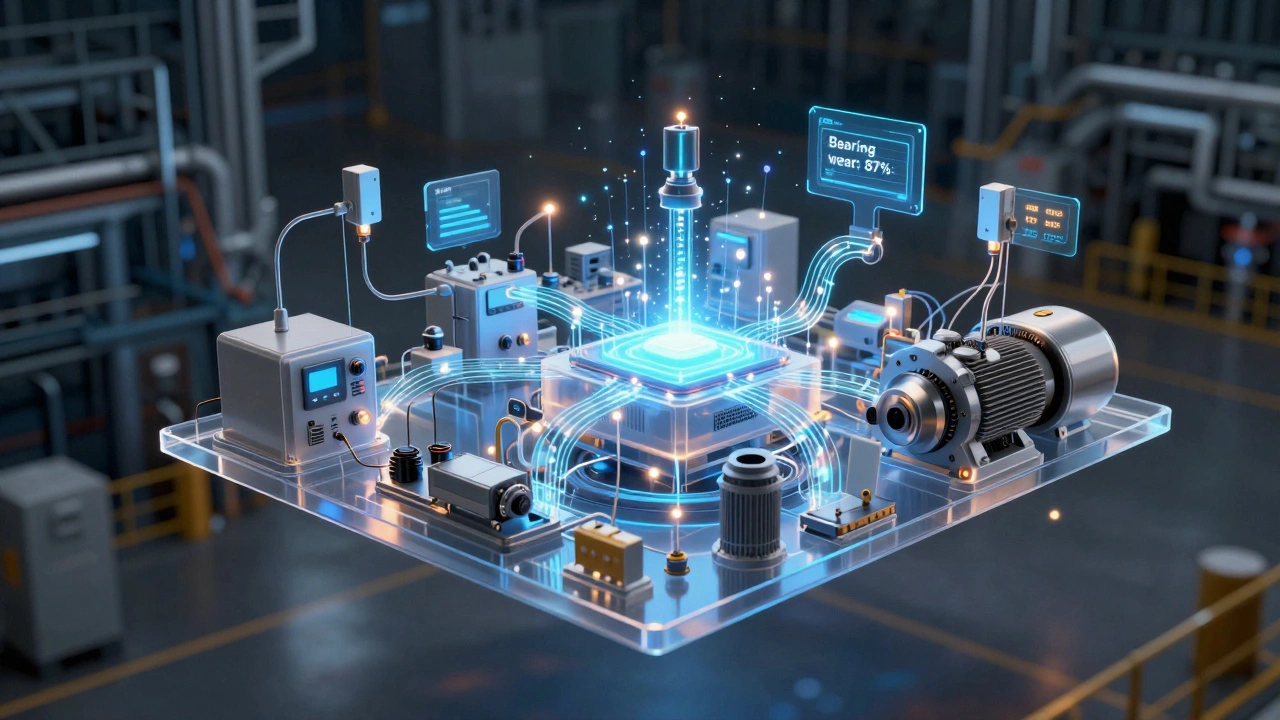 Цифровой двойник завода в виде прозрачной 3D-модели, накладывающейся на реальное оборудование, с предиктивными уведомлениями об износе.