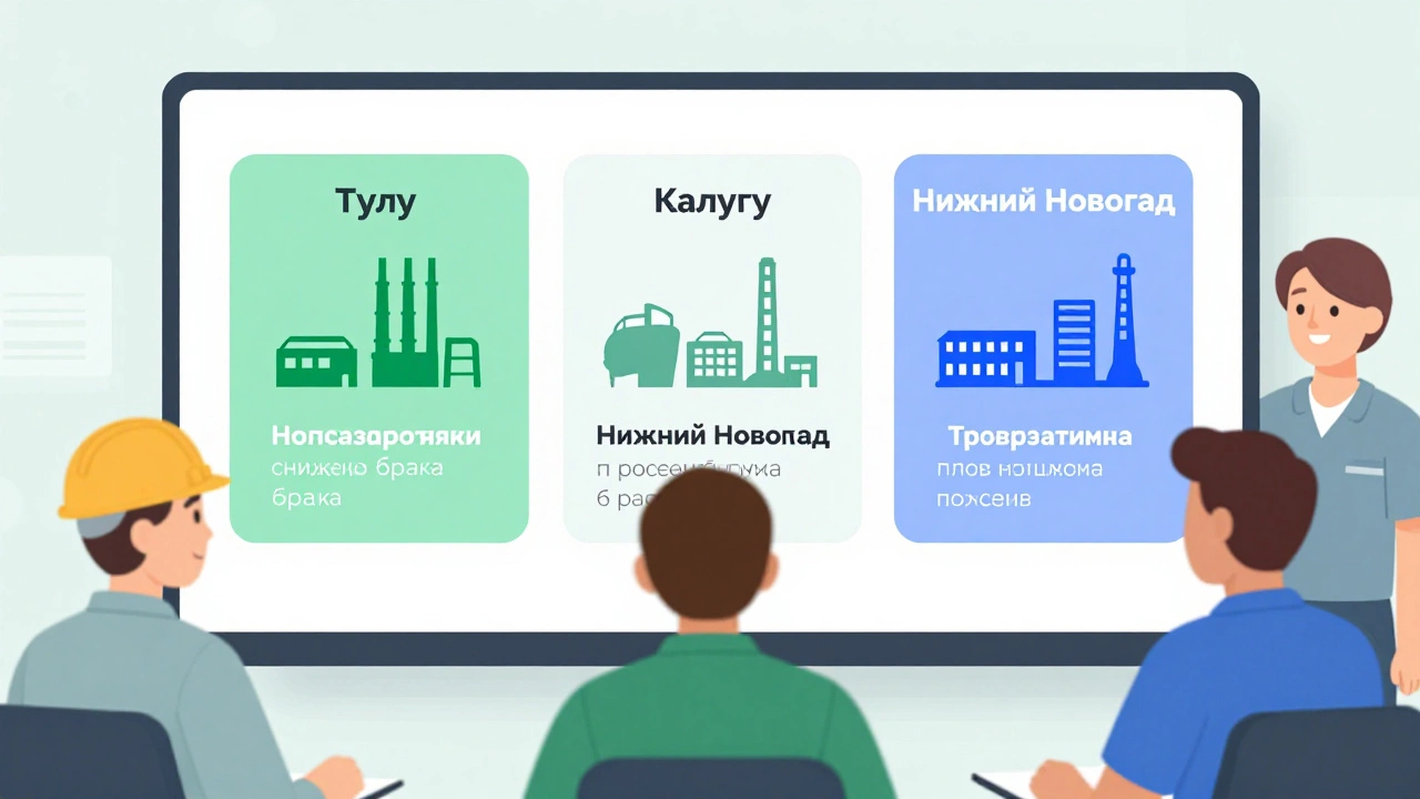 Экран показывает три российских завода с улучшенными показателями производства, вокруг — рабочие с уверенными лицами.