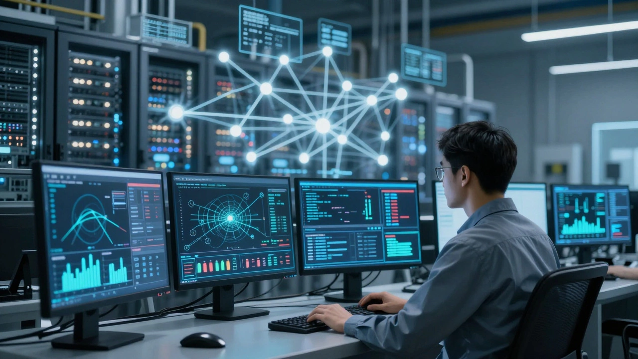 Инженер в центре управления наблюдает за цифровым двойником и сетевыми потоками данных.