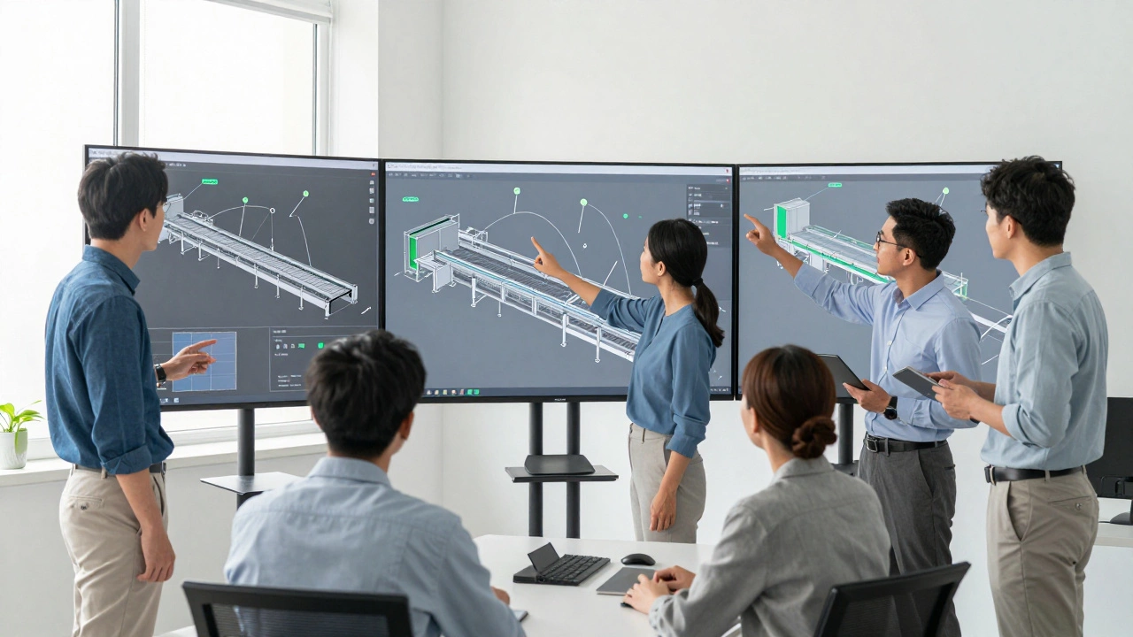 Инженеры обсуждают 3D-модель производственной линии