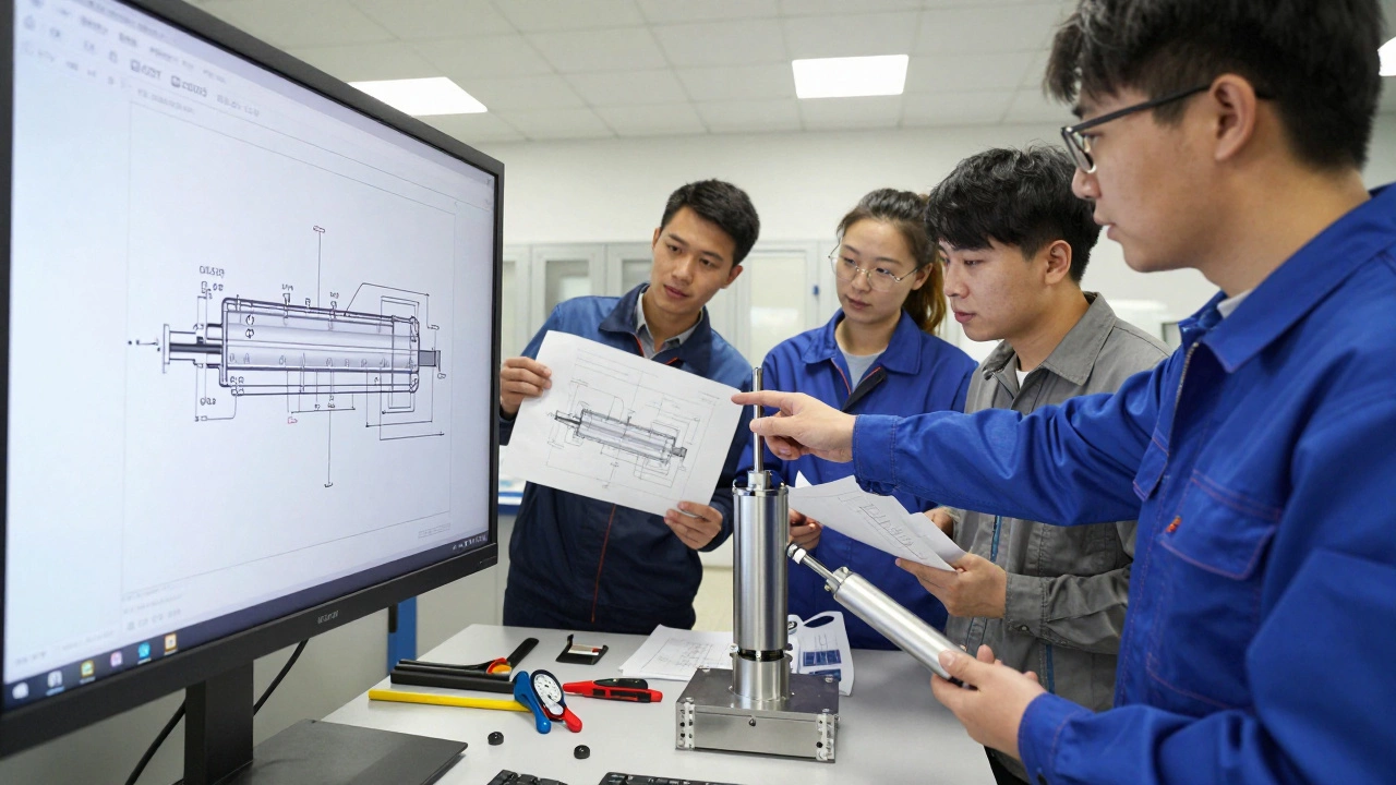 Команда инженеров анализирует гидравлический цилиндр и чертежи по стандартам ГОСТ.