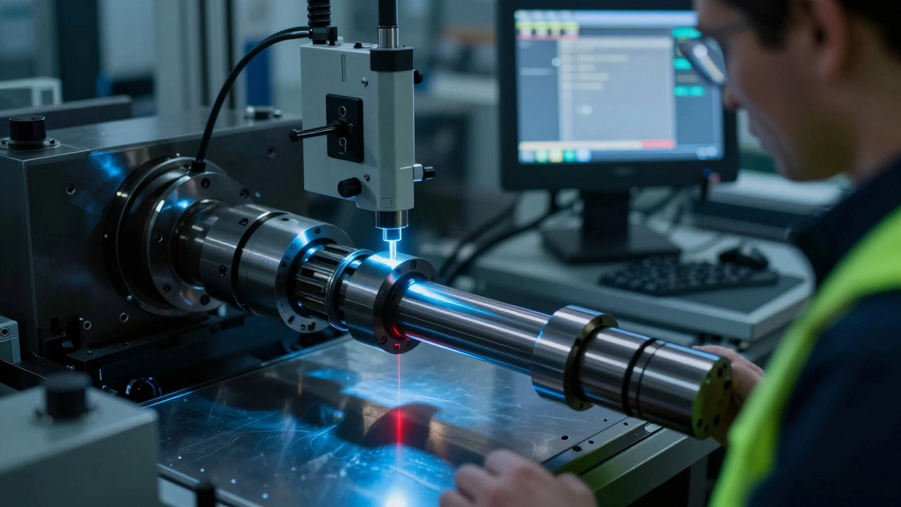 Лазерный измеритель фиксирует микротрещину на точной детали в современном производственном цеху.