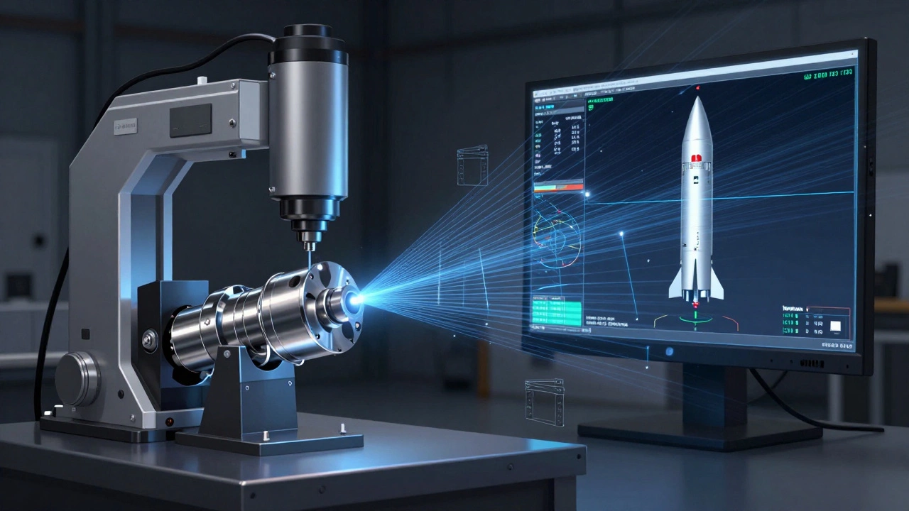 Лазерный сканер создает 3D-модель детали для сравнения с чертежом.