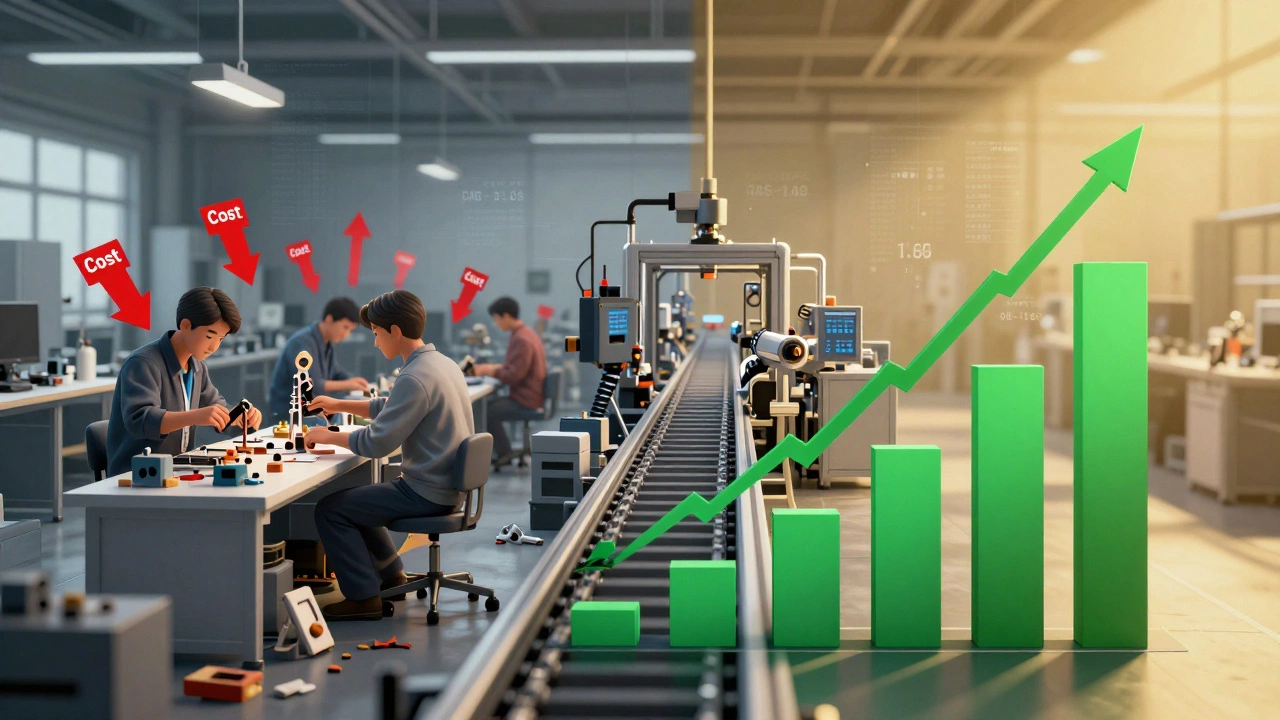 Левая сторона: хаос с прототипами и растущими расходами; правая сторона: автоматизированное производство с падающими затратами и ростом прибыли.