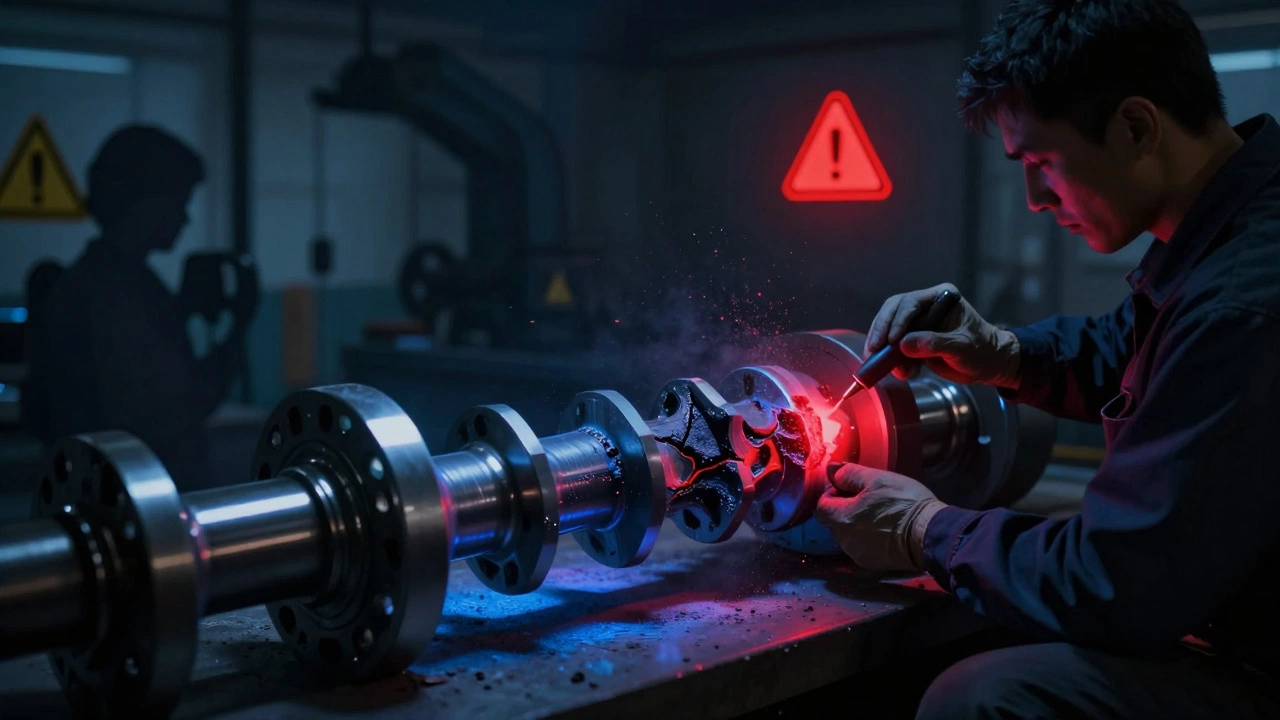 Магнитный порошок выявляет микротрещины на коленчатом валу под УФ-светом.