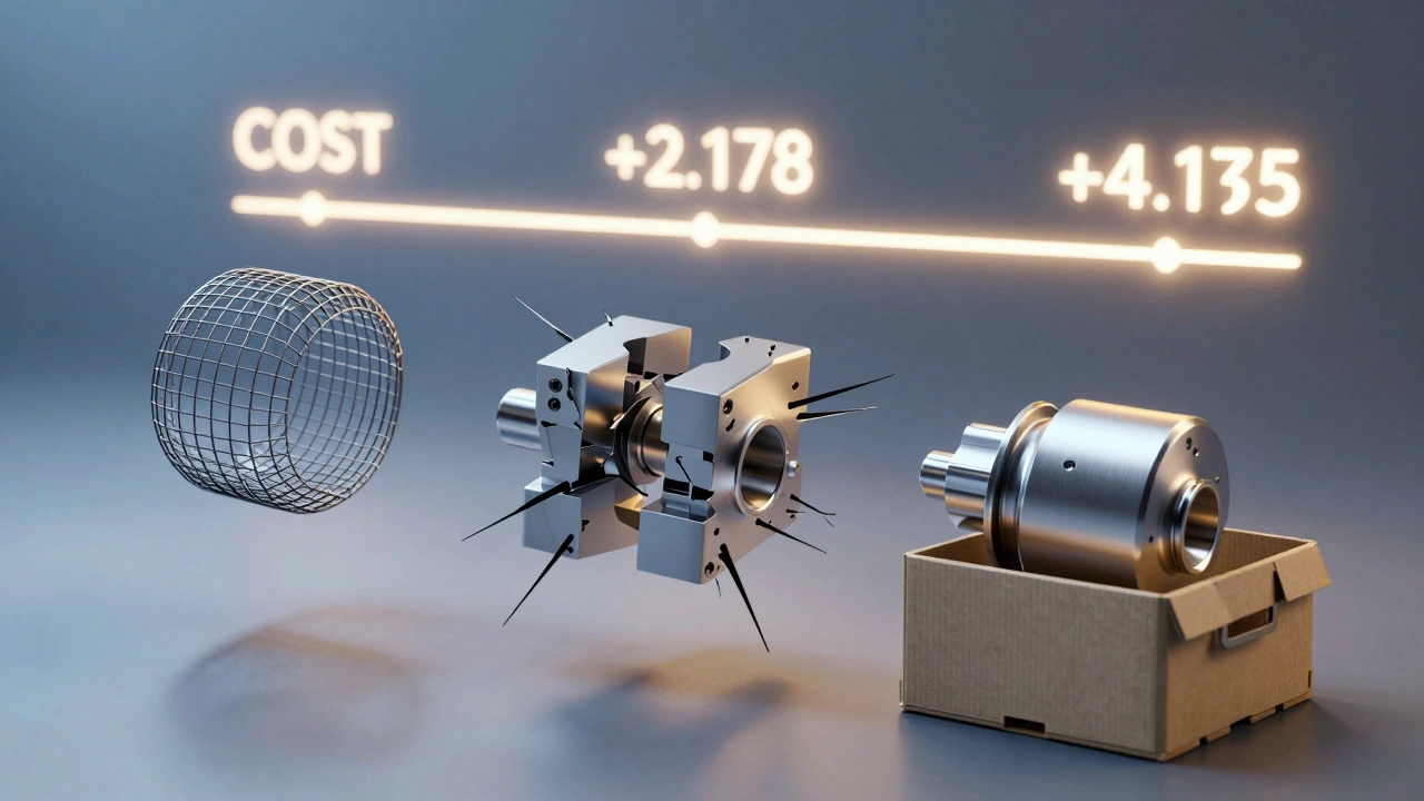 Металлическая деталь проходит три этапа: CAD-каркас → CAE-напряжения → CAM-готовая деталь, помещаемая в коробку, с визуализацией экономии времени и денег.